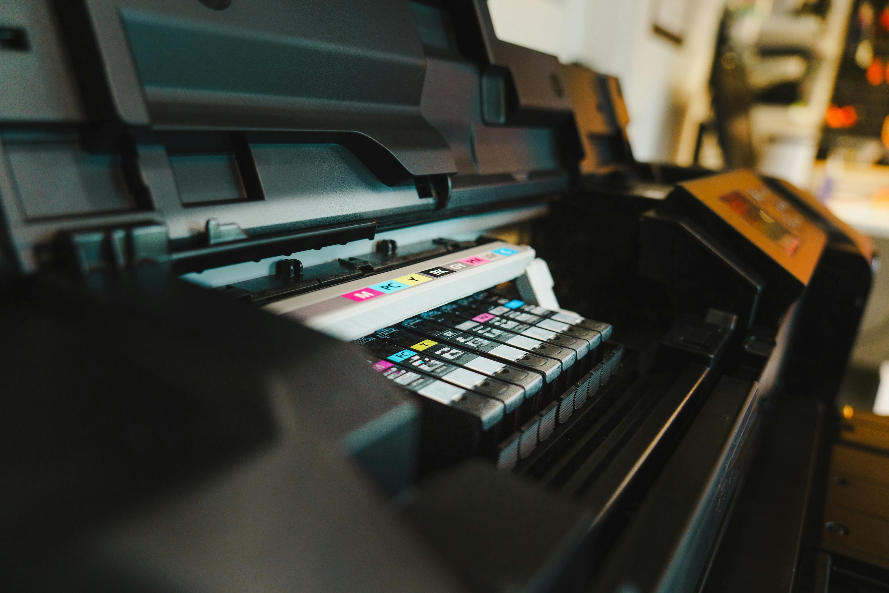 Ink cartridges inside a large printer